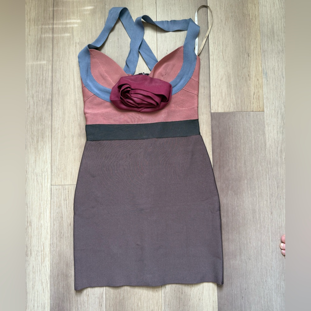 Herve Leger bandage dress with magenta rose.